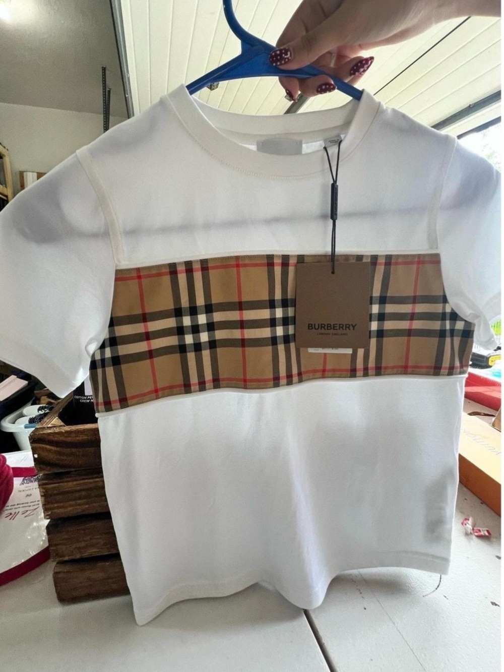 NWT Burberry Kids White Vintage Check Panel Tee 6Y